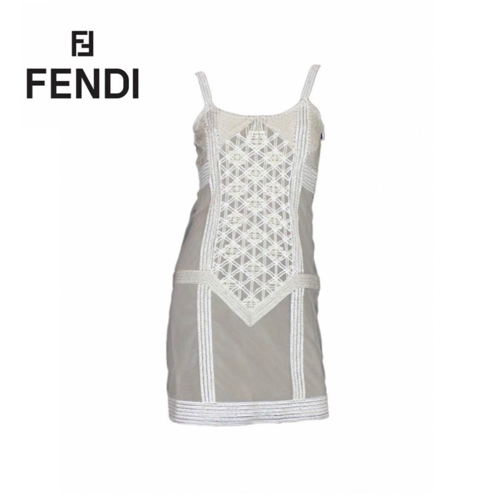 Fendi Beige and White Embroidered Mini Dress